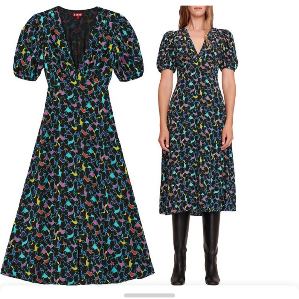 Staud Mila black/ multicolor midi dress, size 0 NWT